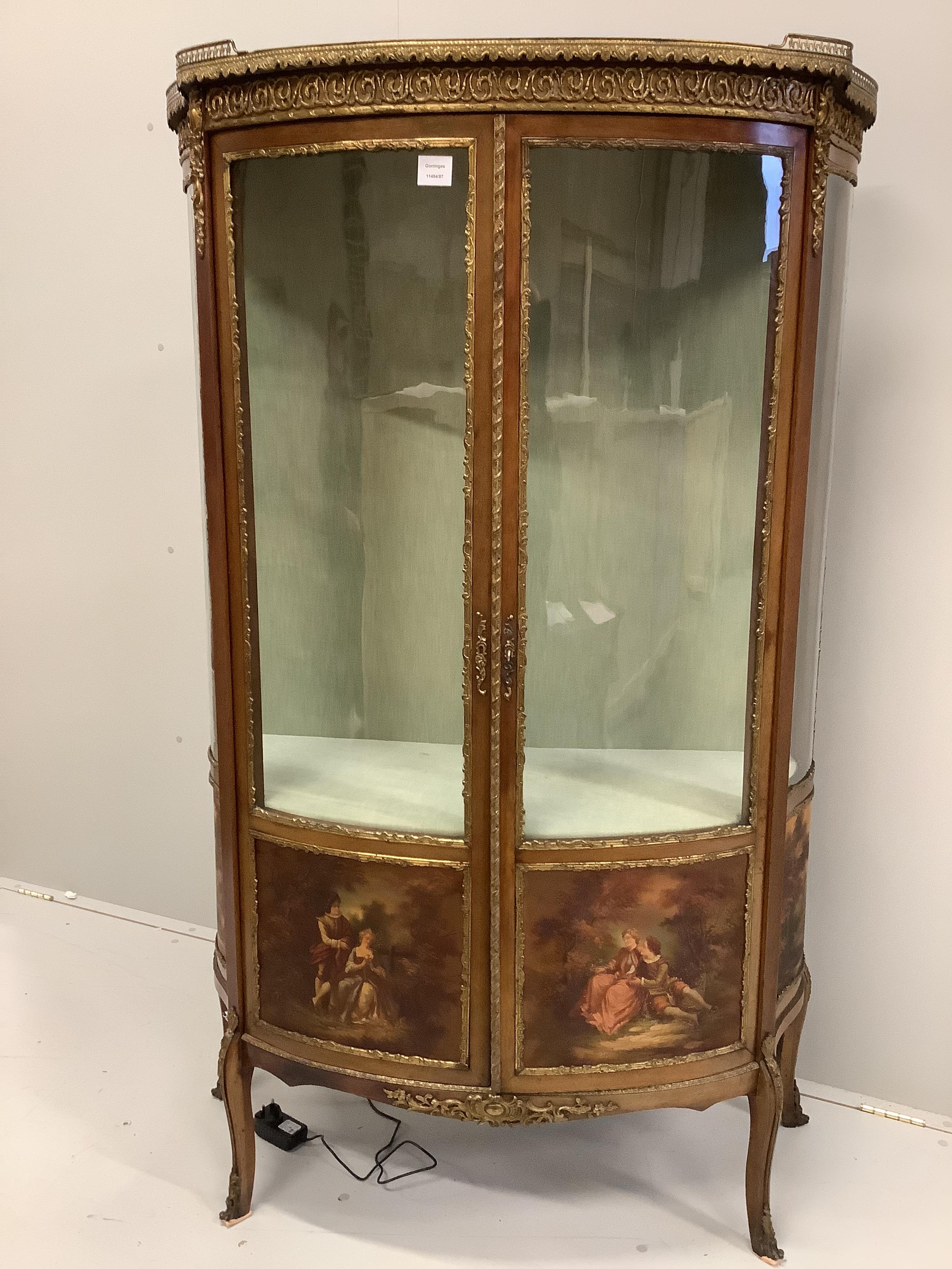 A Vernis Martin style gilt metal mounted bow front vitrine, width 102cm, depth 44cm, height 165cm